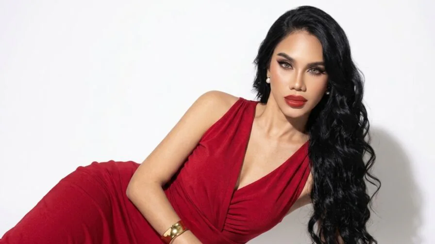 Trans cam performer wearing a red dress